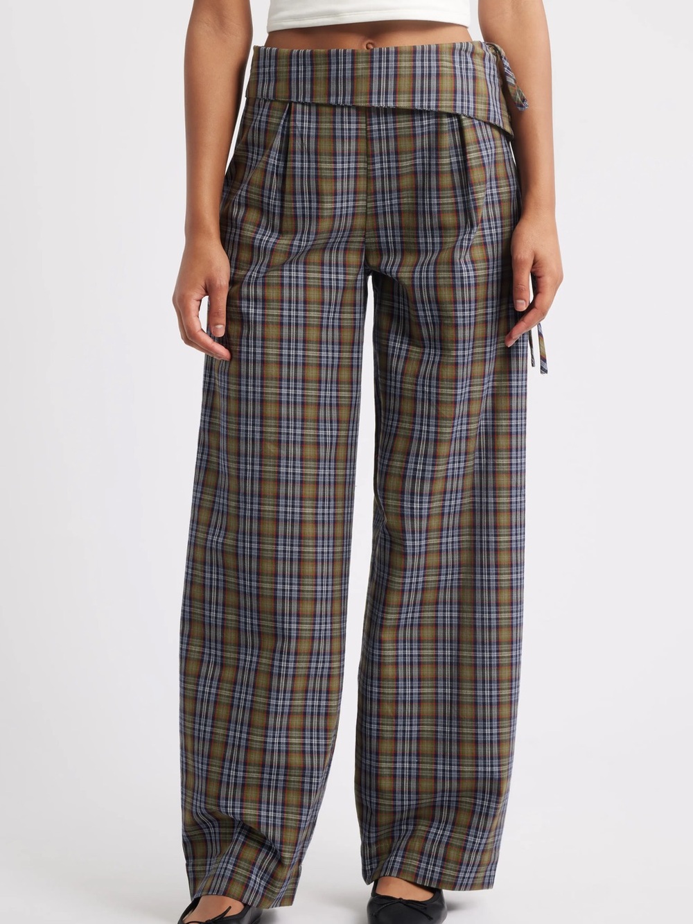 Wide-Leg Plaid Pants in Olive & Navy UK 12/ US 8